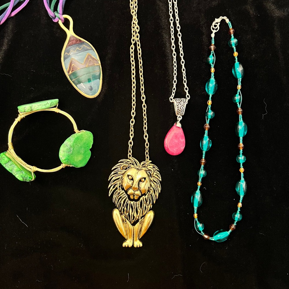 Jewelry Lot Bold Tribal African Lion Real Stone Necklace Bangle Enamel 5pc Set